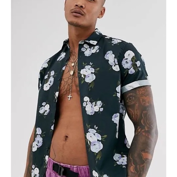 ASOS Design skinny floral print shirt in navy. Size L - Picture 7 of 7